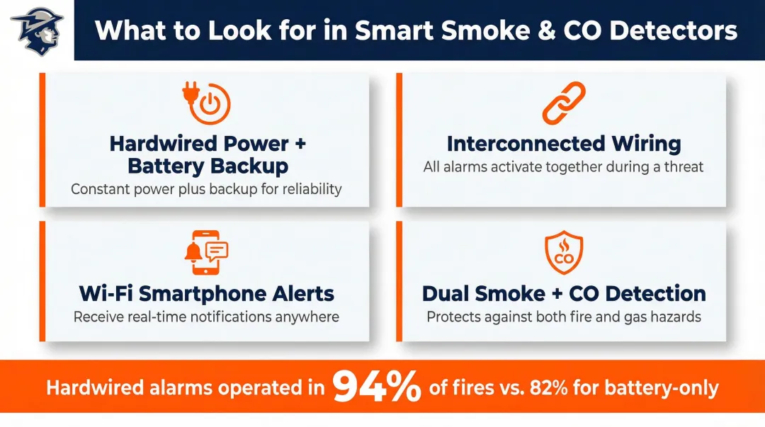 Smart smoke and carbon monoxide detector key features comparison with hardwired versus battery stats