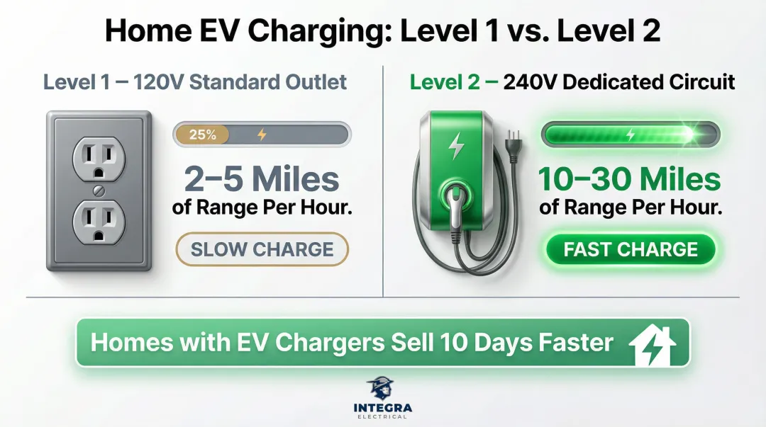 Level 1 versus Level 2 EV home charging speed and range comparison infographic