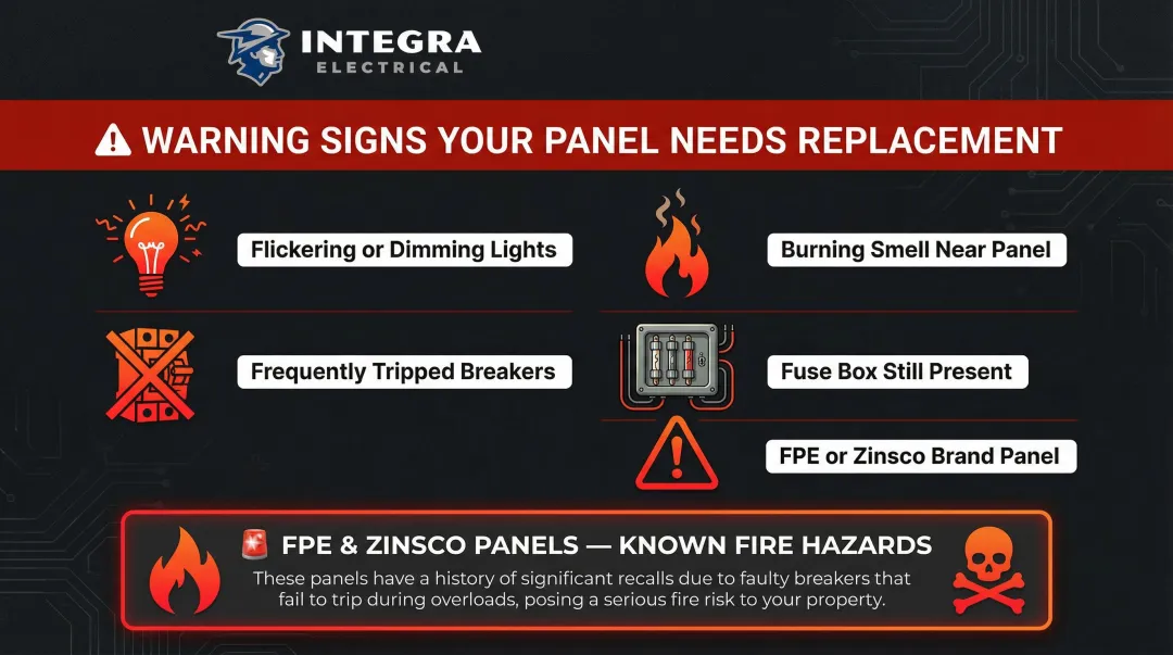Electrical panel warning signs and dangerous FPE Zinsco panel brands infographic