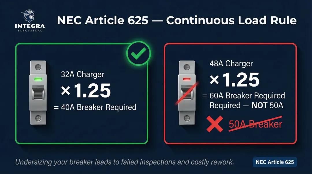 NEC 80 percent continuous load rule circuit breaker sizing for EV chargers