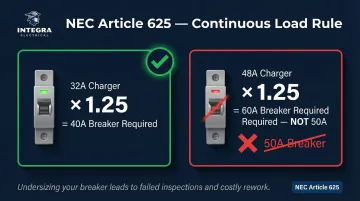 NEC 80 percent continuous load rule circuit breaker sizing for EV chargers