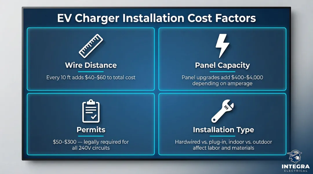 EV charger installation cost factors distance panel capacity permits and complexity