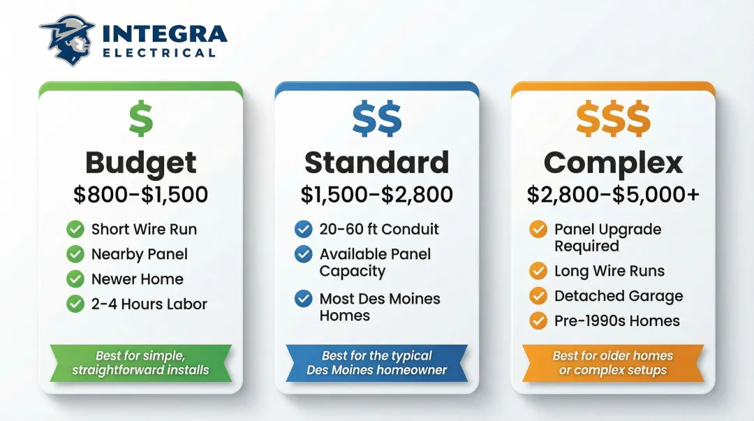 Three-tier EV charger installation cost comparison budget standard and complex