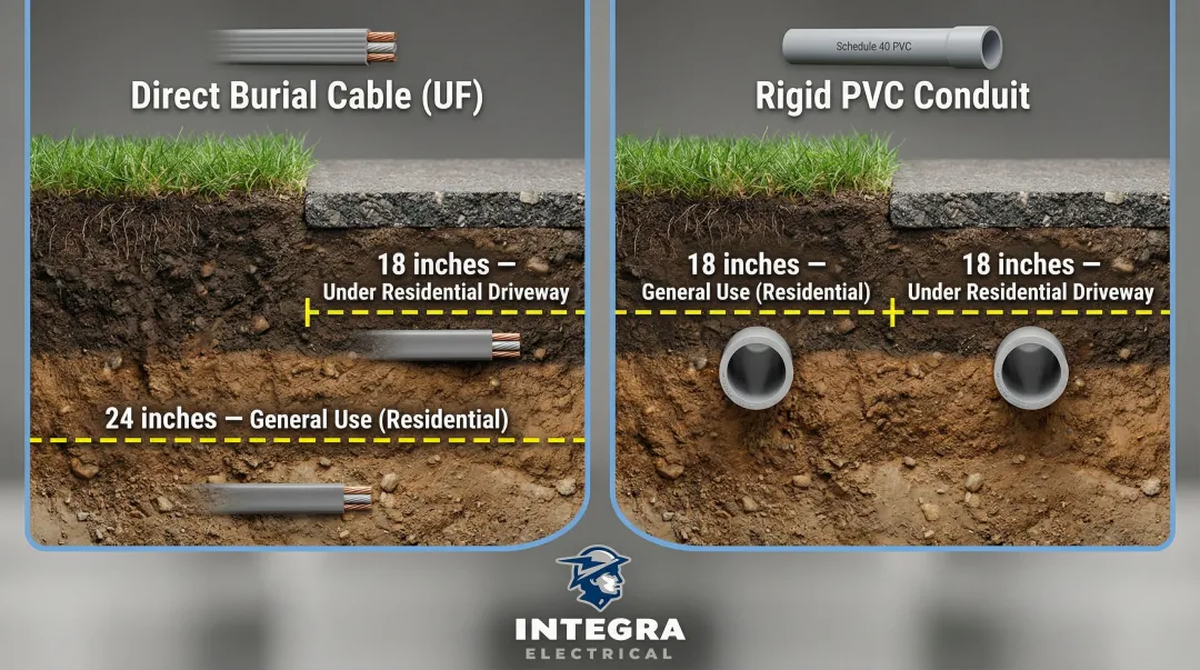 NEC underground wiring burial depth requirements for garages and driveways