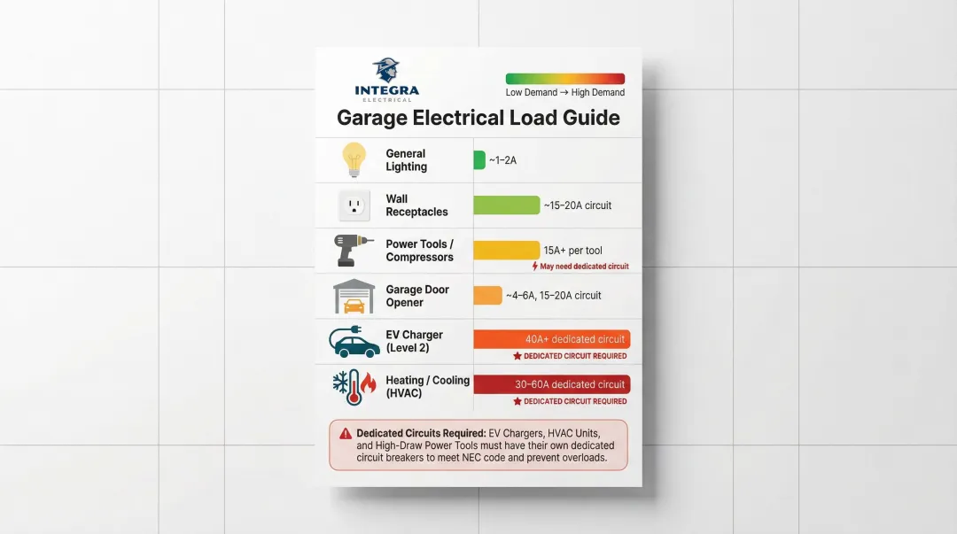 Garage electrical load types and dedicated circuit amperage requirements chart