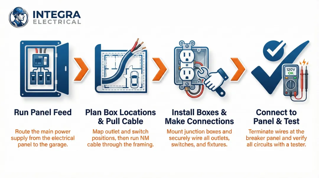 4-step garage wiring process flow from panel feed to inspection and testing