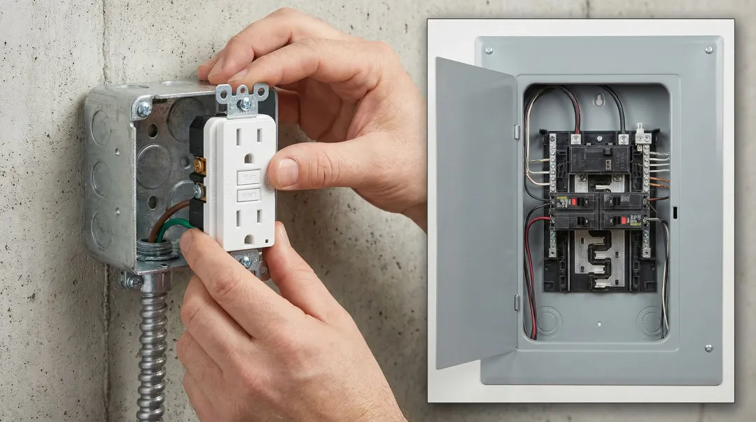 GFCI outlet and breaker installation in residential garage electrical panel