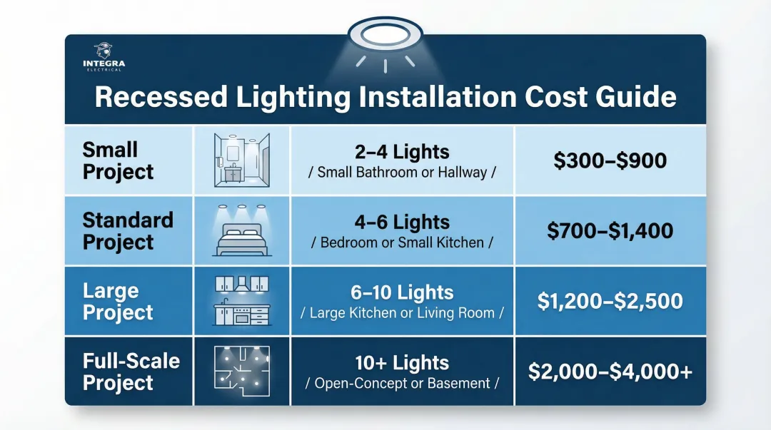 Recessed lighting total cost by project size and room type comparison chart