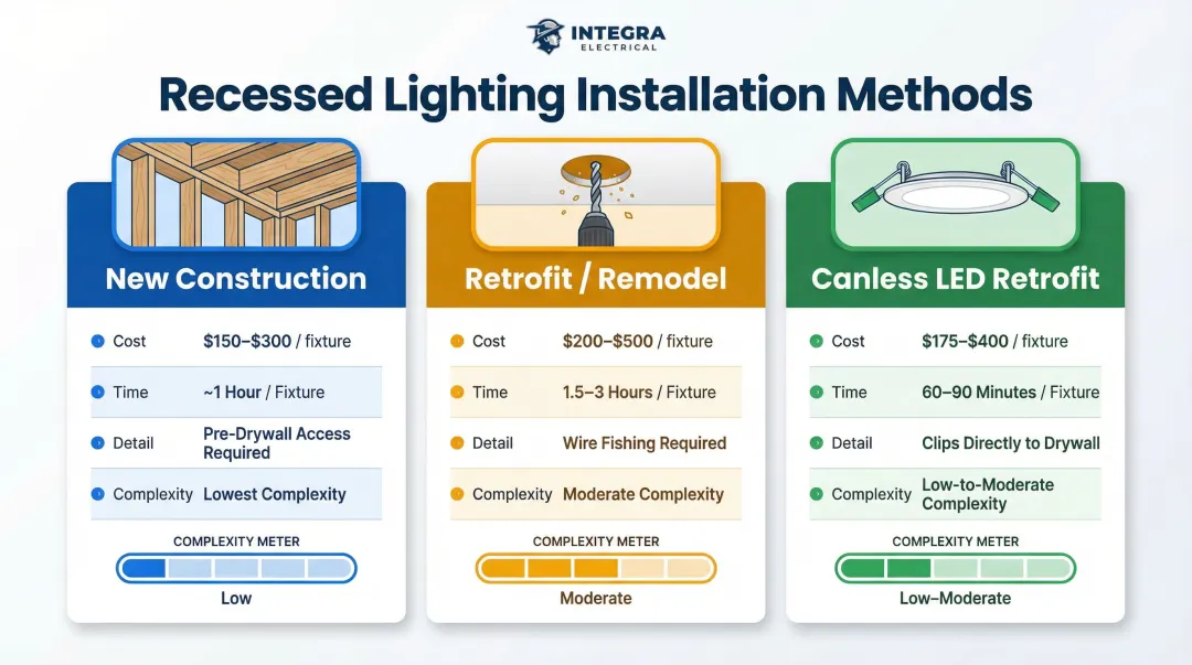 Three recessed lighting installation methods compared by cost time and complexity