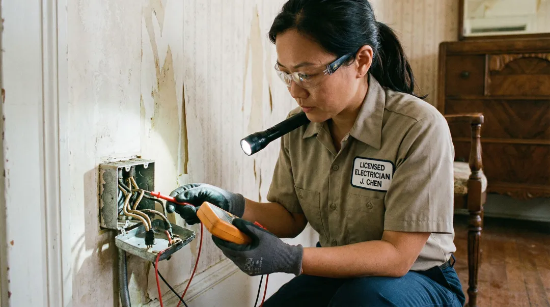 Licensed electrician inspecting older home outlet box with aluminum wiring and damaged insulation
