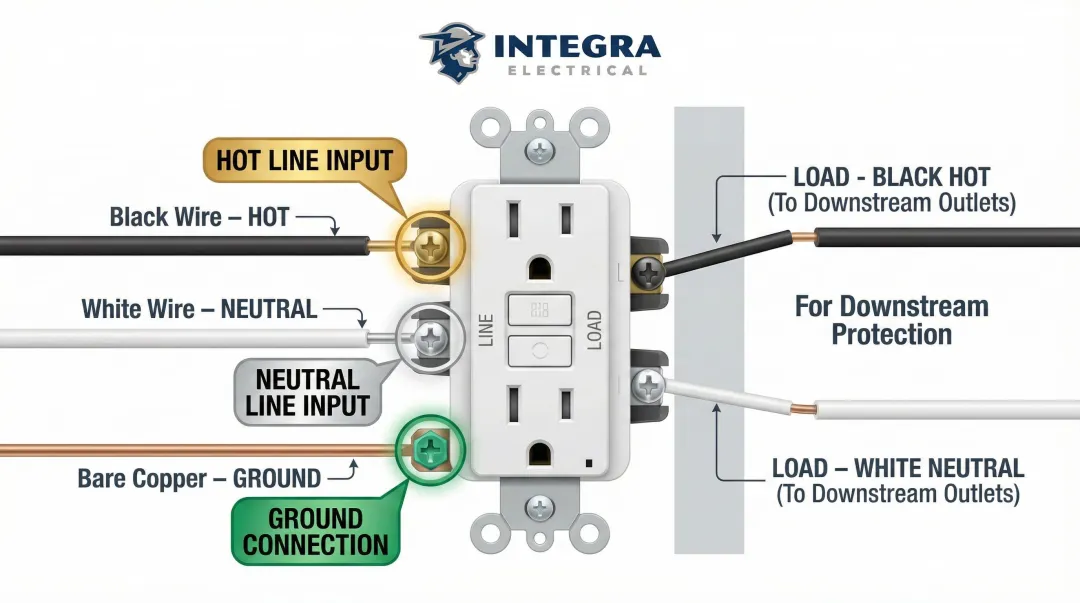 GFCI outlet LINE and LOAD terminal wiring diagram color-coded connections