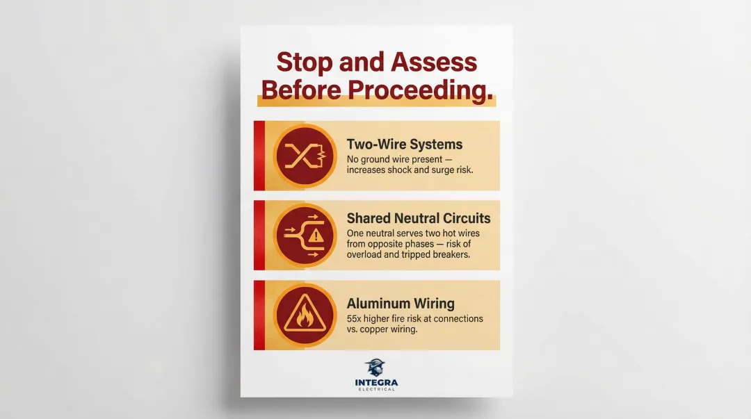 Three older home wiring hazards GFCI installation complications comparison infographic