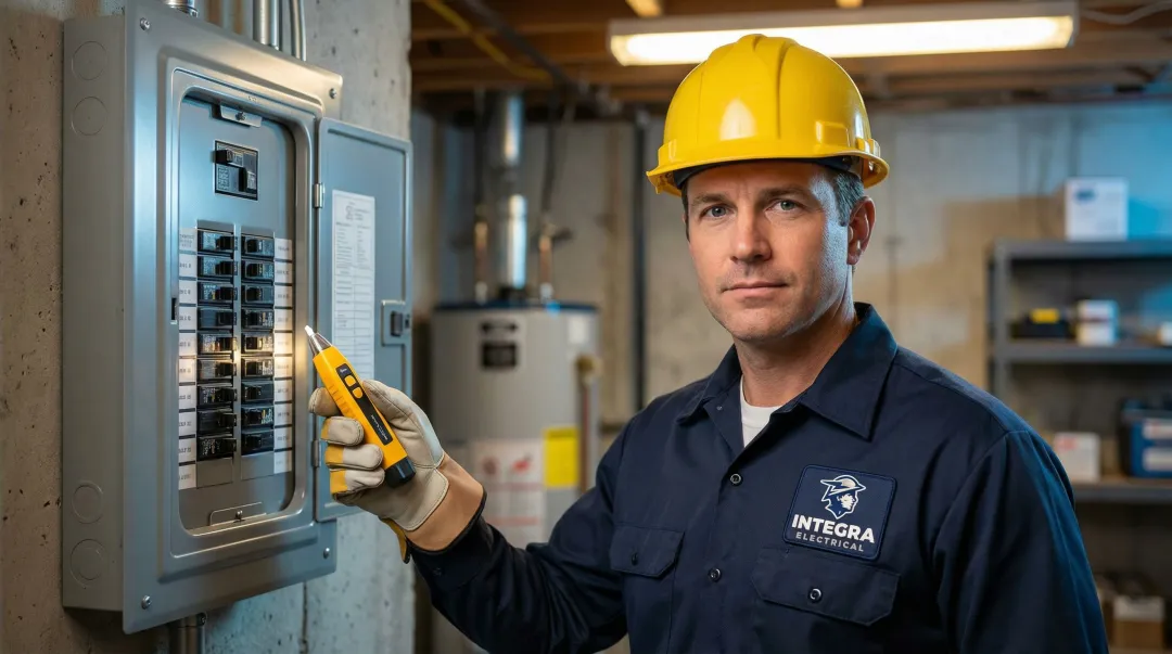 Electrician inspecting residential electrical panel with testing equipment and safety gear