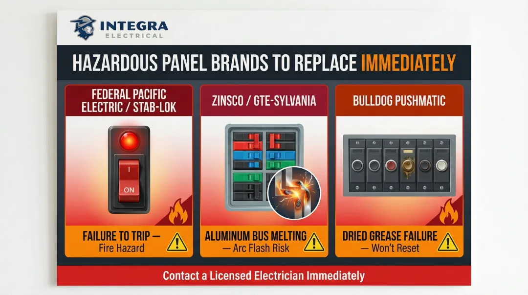 Three hazardous electrical panel brands comparison chart with failure modes and visual identifiers