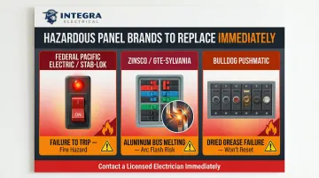 Three hazardous electrical panel brands comparison chart with failure modes and visual identifiers