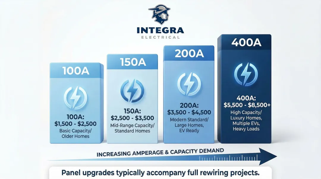 Electrical panel upgrade cost comparison by amperage tier infographic