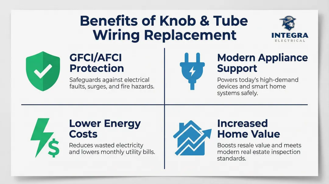 Four long-term benefits of knob and tube wiring replacement illustrated icons infographic