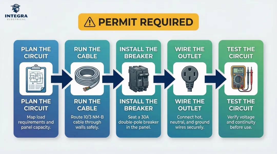 5-step 240V garage outlet installation process flow from planning to testing