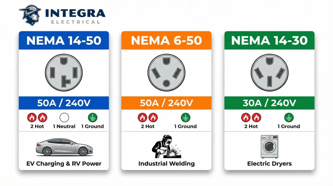 NEMA 240V outlet types comparison chart with amperage prong configurations and common uses