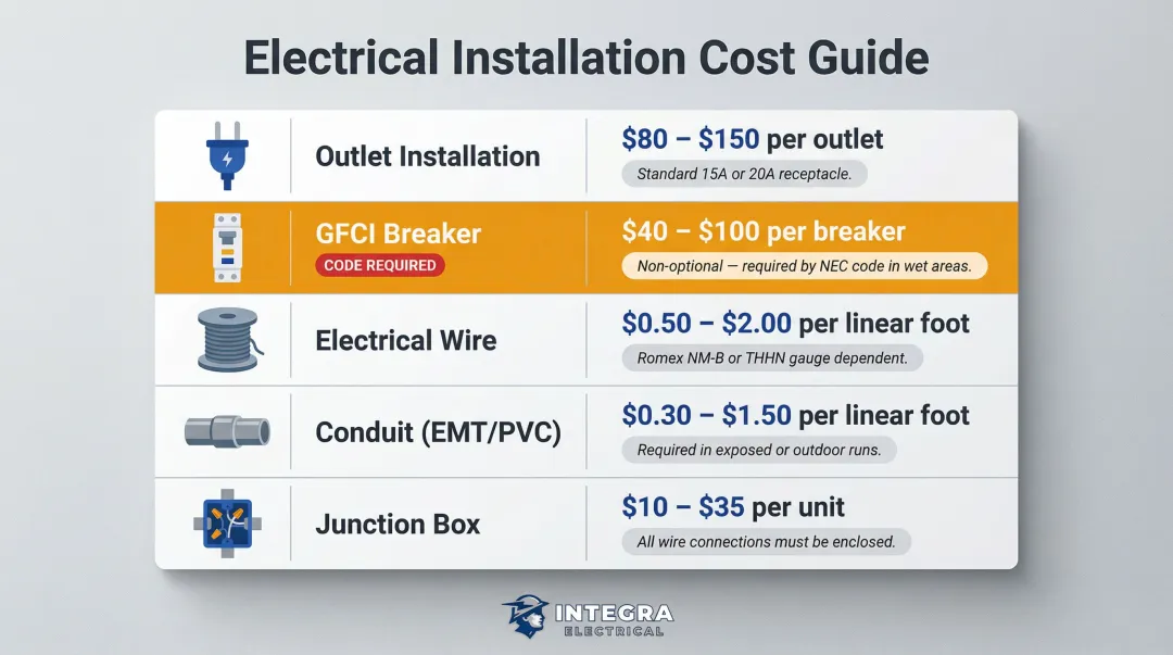 240V garage outlet material cost breakdown table with component prices and notes