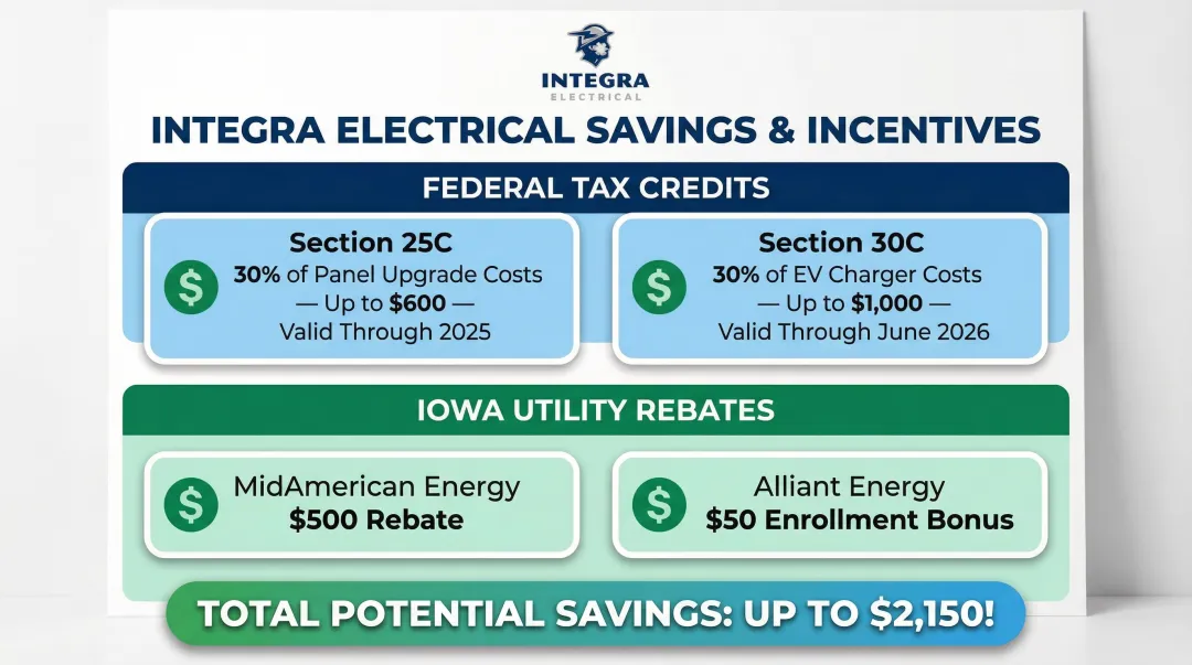Federal tax credits and Iowa utility rebates available for EV charger and panel upgrade costs