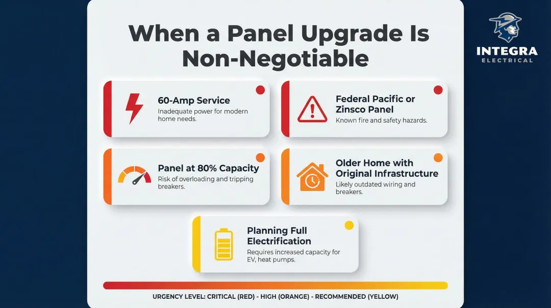 Five scenarios requiring mandatory electrical panel upgrade before EV charger installation