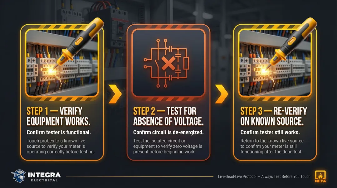 Live-Dead-Live electrical safety testing protocol three-step verification process