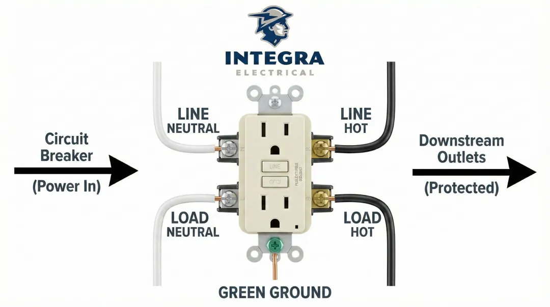 GFCI outlet LINE and LOAD terminal wiring diagram with wire color guide