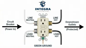 GFCI outlet LINE and LOAD terminal wiring diagram with wire color guide