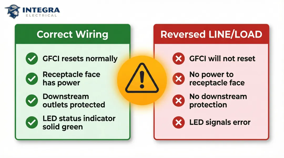 LINE versus LOAD terminal reversal consequences comparison infographic