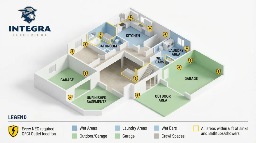 NEC GFCI required locations in residential home room-by-room guide