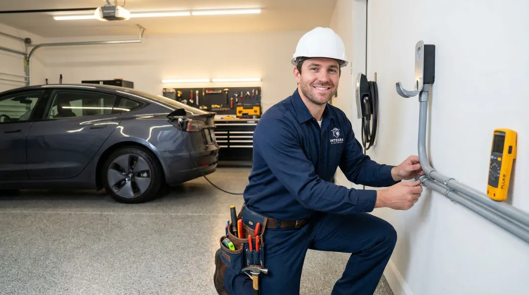 Licensed electrician installing EV charging station conduit in residential garage setting