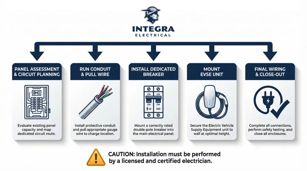 5-step home EV charging station installation process flow from panel assessment to final wiring