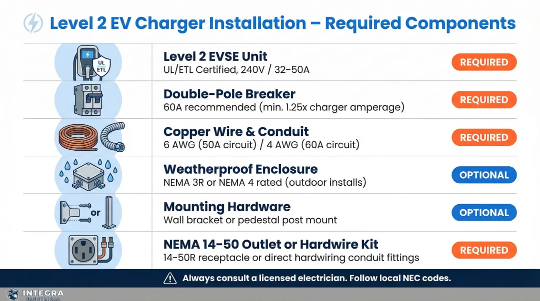 Level 2 EV charger installation components checklist with required parts and specifications