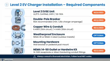 Level 2 EV charger installation components checklist with required parts and specifications