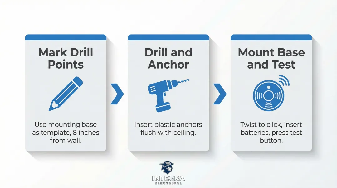 3-step battery smoke alarm installation process flow diagram with tools