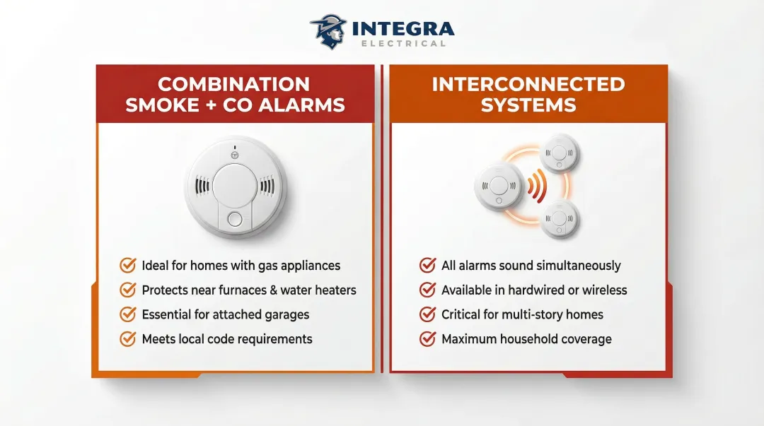 Combination smoke CO alarm versus interconnected alarm system comparison infographic