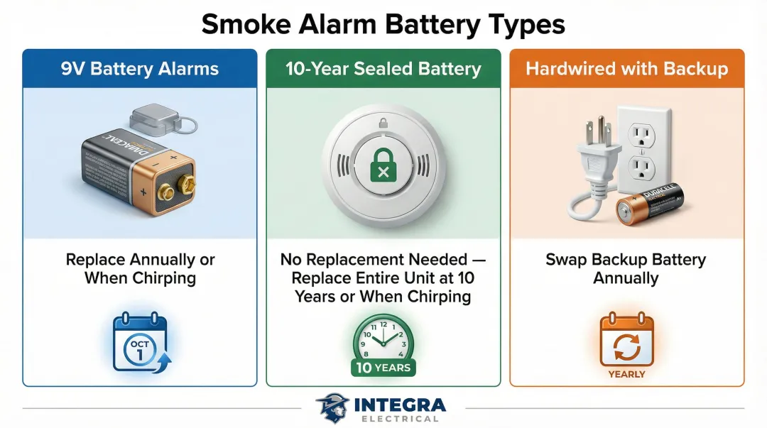 Smoke alarm battery replacement schedule comparison for three power source types