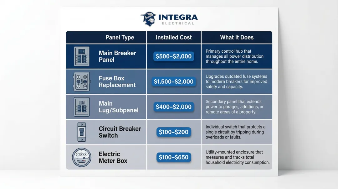 Electrical panel type cost comparison chart showing five panel categories and price ranges