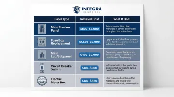 Electrical panel type cost comparison chart showing five panel categories and price ranges