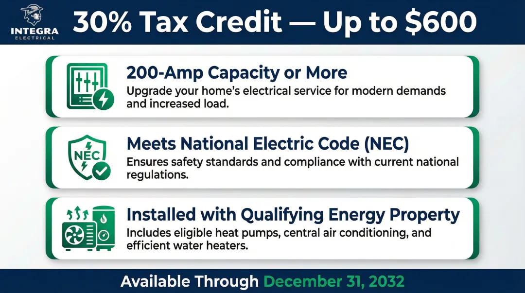 Federal energy efficient home improvement tax credit panel upgrade qualification requirements infographic