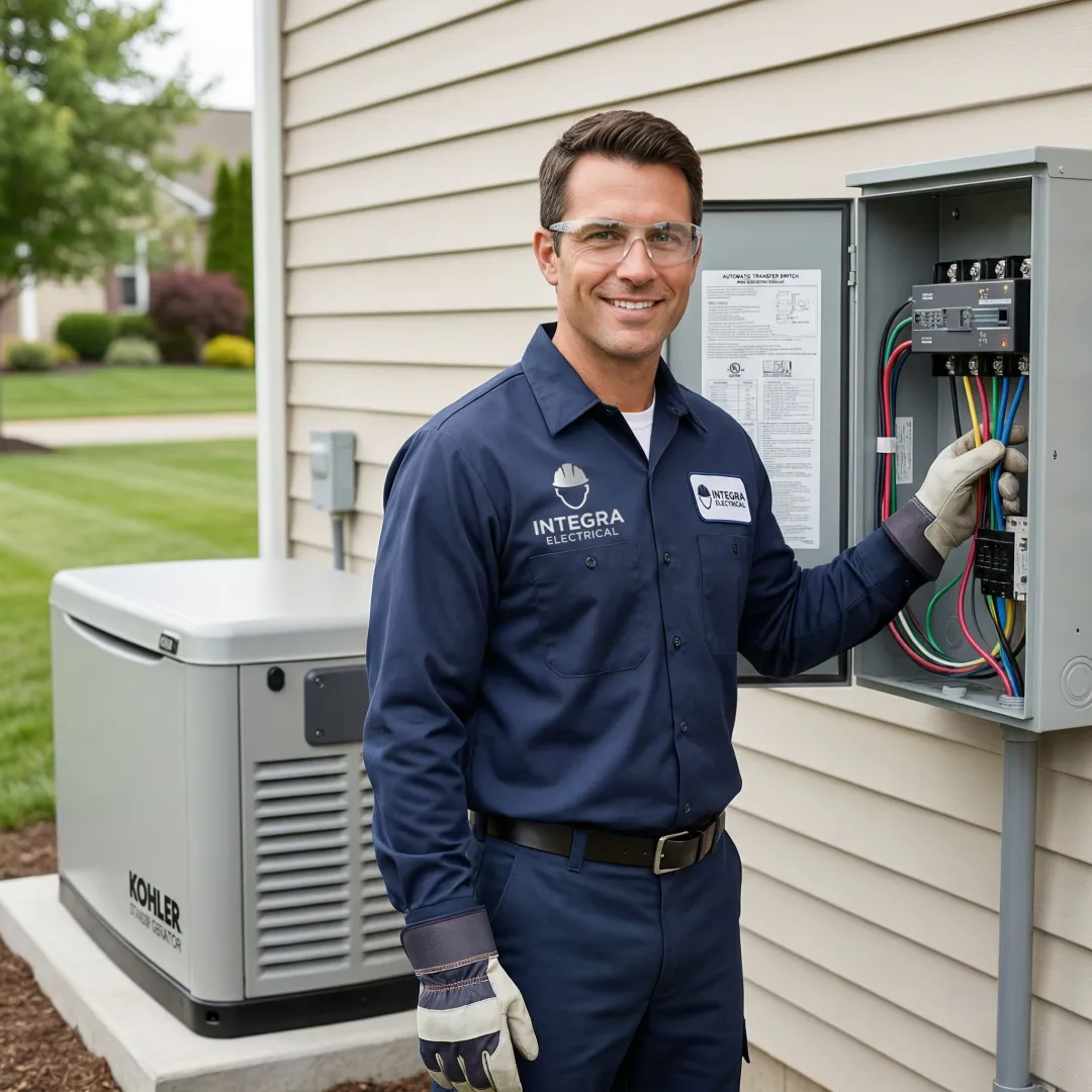 Electrician completing wiring on a Kohler standby generator transfer switch installation