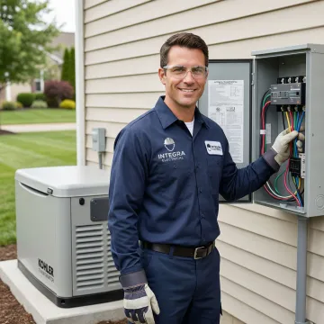 Electrician completing wiring on a Kohler standby generator transfer switch installation