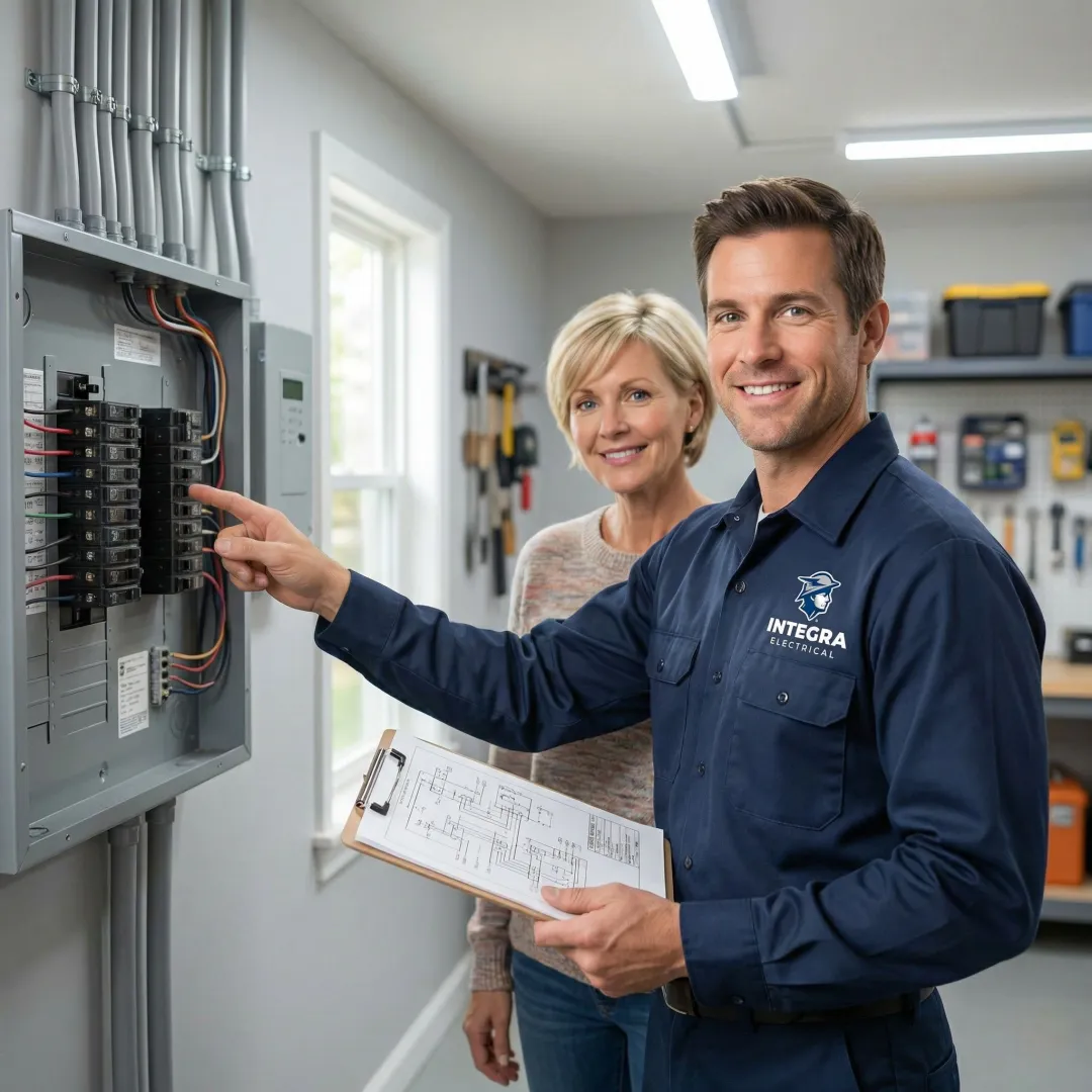 Electrician explaining home rewiring process to a homeowner during a walkthrough