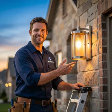 Electrician completing an outdoor lighting installation at an Iowa home