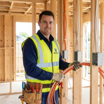 Electrician completing rough-in wiring in a new home construction frame
