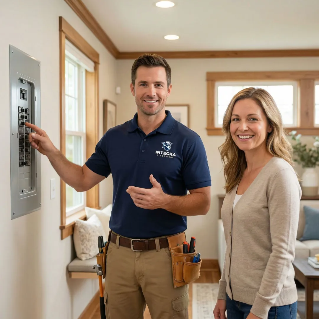 Electrician performing emergency electrical repair and walkthrough with homeowner in Iowa