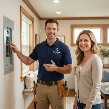 Electrician performing emergency electrical repair and walkthrough with homeowner in Iowa