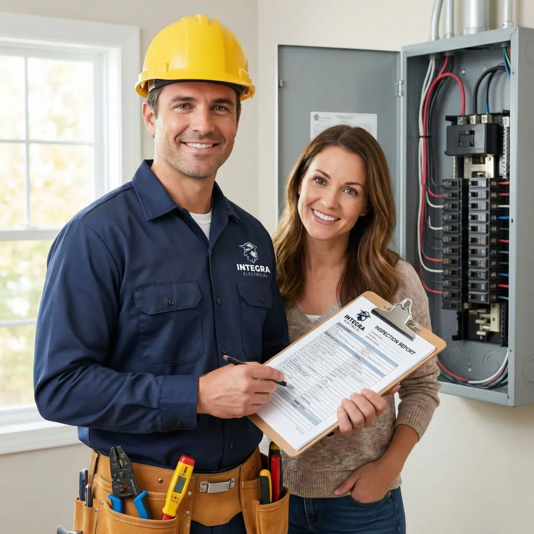 Electrician walking a homeowner through an electrical safety inspection report in their home