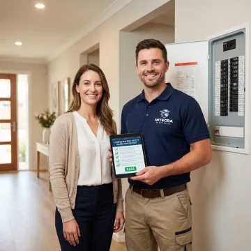 Electrician explaining fire safety inspection findings to a homeowner